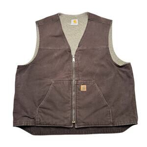 VTG Carhartt V26-DKB Brown Sherpa Lined Canvas Work Vest Size XXL Distressed